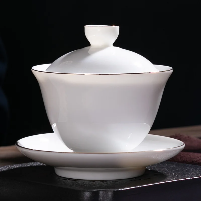 

Чаша из трех частей ручной работы из белого фарфора, большой чайный сервиз Кунг-фу с золотым рисунком, чайная чаша