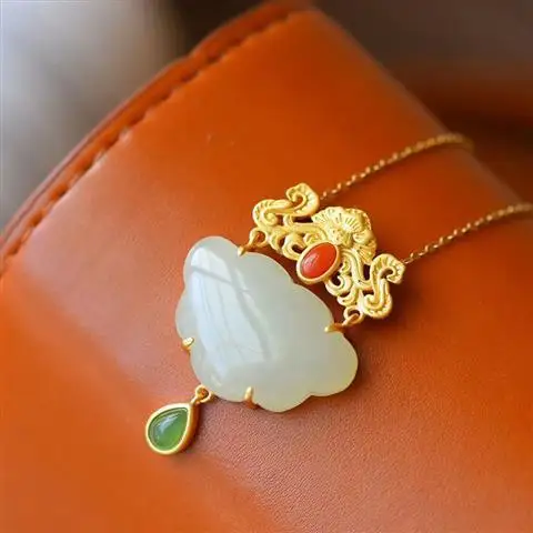 

Natural Hetian Jade Butterfly Lock of Good Wishes Pendant Vintage S925 Sterling Silver Ancient Style Thick Gold Inlaid Pendant