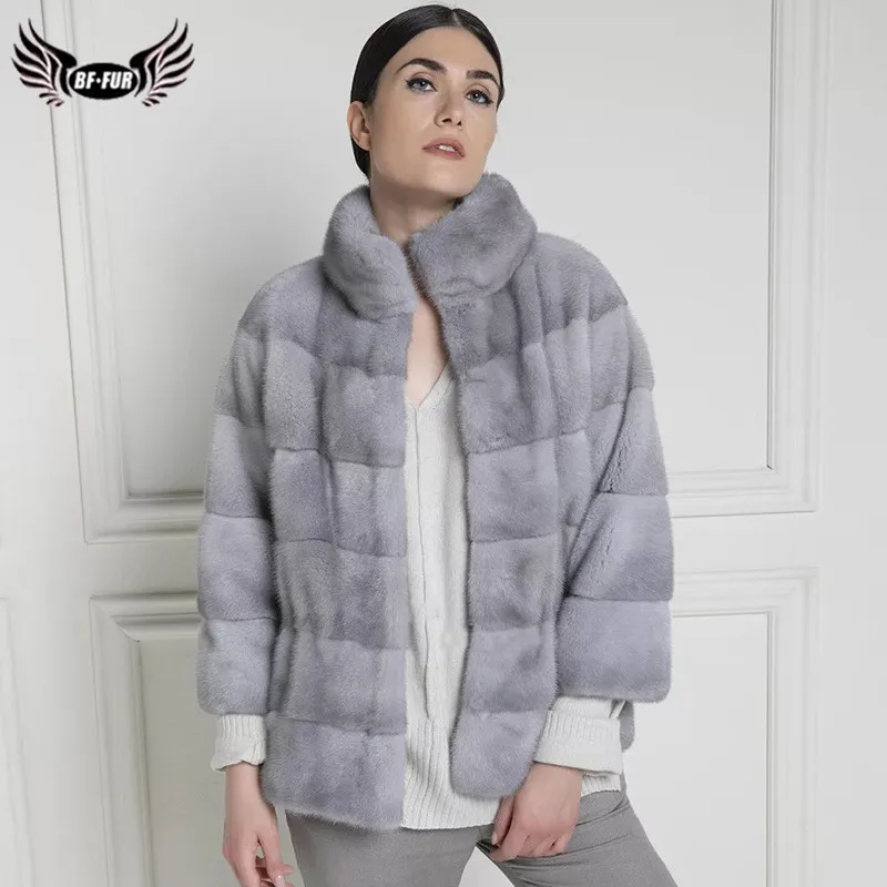 BFFUR Fashion Grey Genuine Mink Fur Jackets Stand Collar 2022 Trendy Natural Woman Fur Coat Outwear Luxury Real Mink Fur Coats