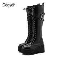 gdgydh fashion women boots cross strap pu leather autumn winter knee high boots ladies thick sole platform shoes punk gothic