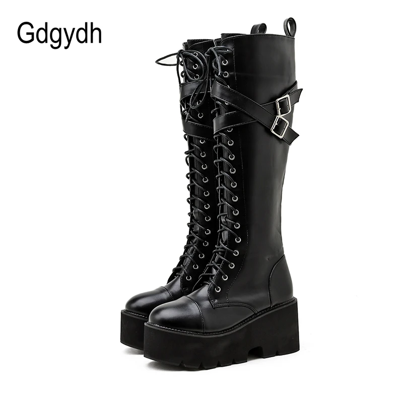 Женские сапоги до колена Gdgydh черные из искусственной кожи с перекрестными