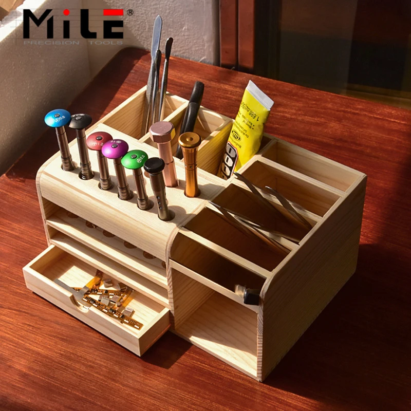 mile multifunctional wooden storage box mobile phone repair desktop storage screwdriver tweezer magnetic holder parts box tool free global shipping