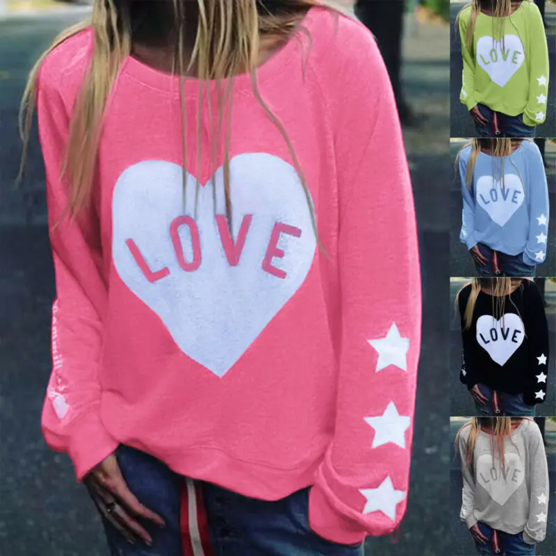 Пуловер женский с круглым вырезом свитшот длинным рукавом и принтом сердечек