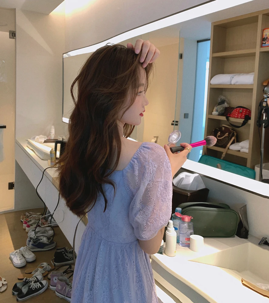 

2021 New Summer Lace Dress Women Vintage Spaghetti Strap High Waist Puff Sleeve Elegant Purple Princess Vestido