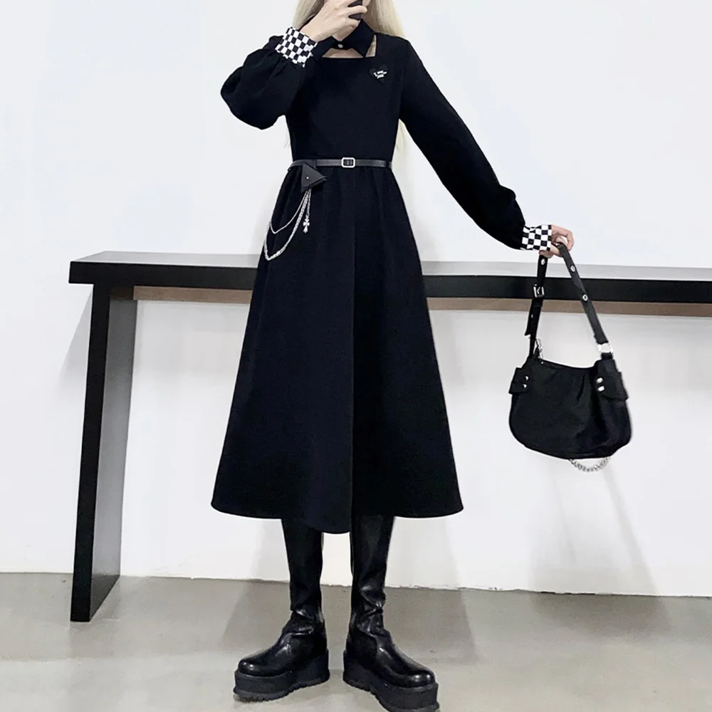 Розовое готическое платье миди для женщин в клетку с длинными рукавами Сезон