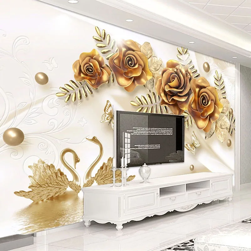 Пользовательские фотообои в европейском стиле 3D роскошные золотые розы Лебедь