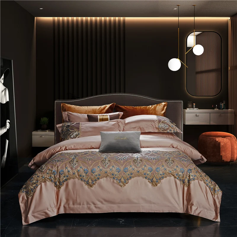 

2021 Luxury 800TC Silk Cotton Classic Lace Bedding Set Glossy Quilt Cover Flat Sheet Pillowcases Queen King Size 4Pcs