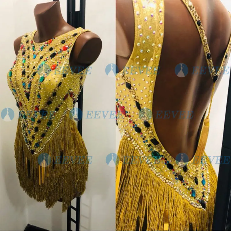 

Golden Latin Dance Competition Dress sexy backless tassel sequin ballroom dance dress women ChaCha tango dance wear