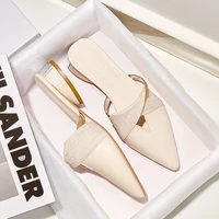 new summer sexy pointed toe ladies slippers slip on leisure ladies office shoes beige pumps female elegant low heel women mules