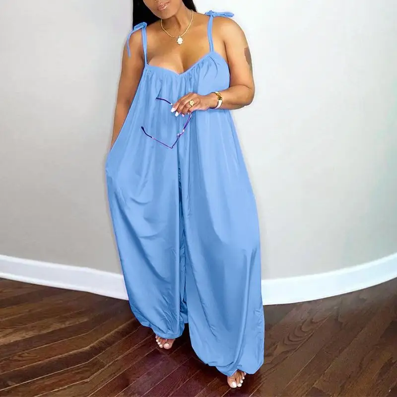 

Women Long Jumpsuit VONDA Summer Sleeveless Wide Leg Suspenders Overalls Ladies Loose Solid Party Pantalones Femme Playsuits