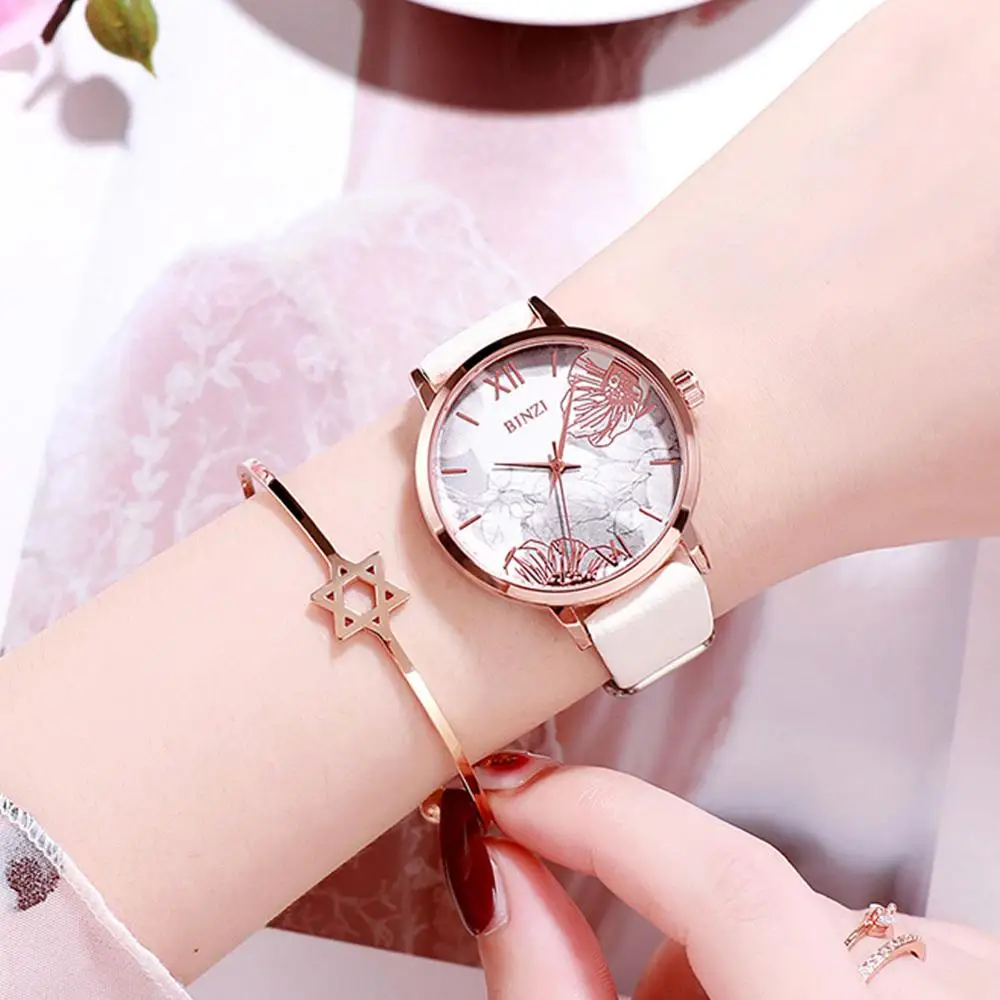 Женские наручные часы с цветами кожа розовое золото простые модные женские Reloj
