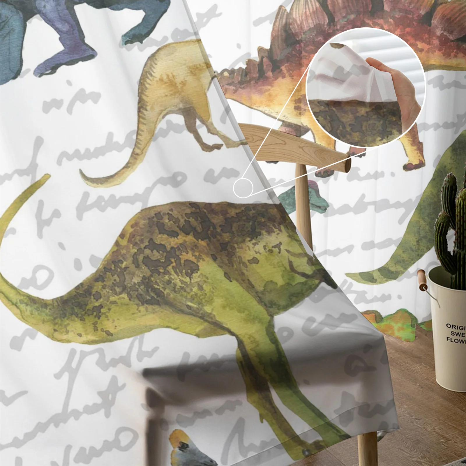 Занавеска с динозаврами животными цветным текстом шифоновая для гостиной