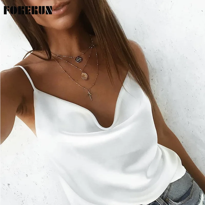 Женский Атласный топ без рукавов FORERUN однотонный на тонких бретелях 6 цветов для