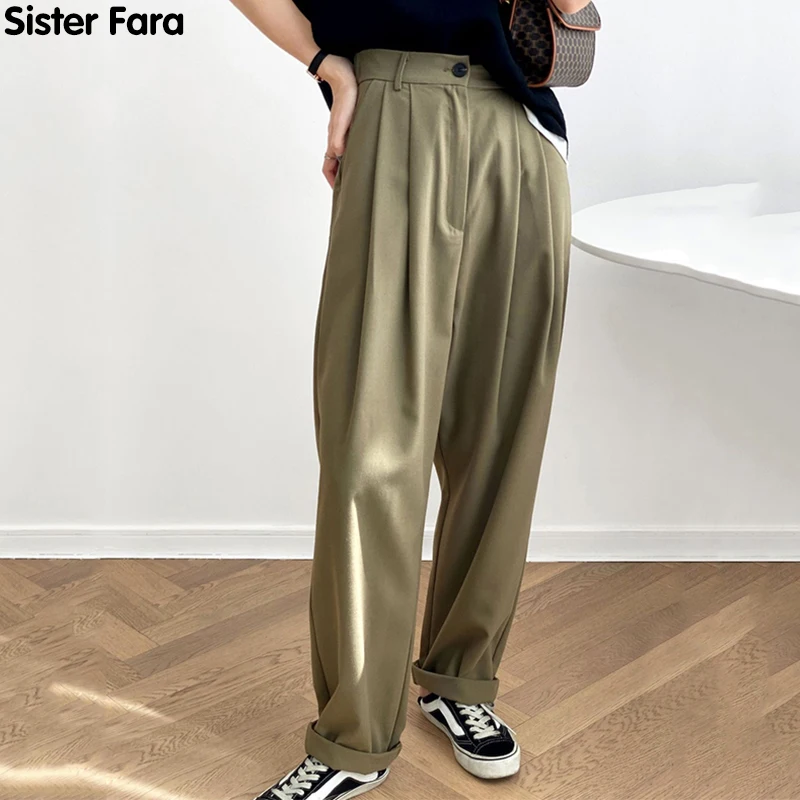 

Sister Fara Spring 2021 Woman High Waist Pants Office Lady Wide Leg Pants Fashion Ankle-Length Pants Autumn Full Length Trousers