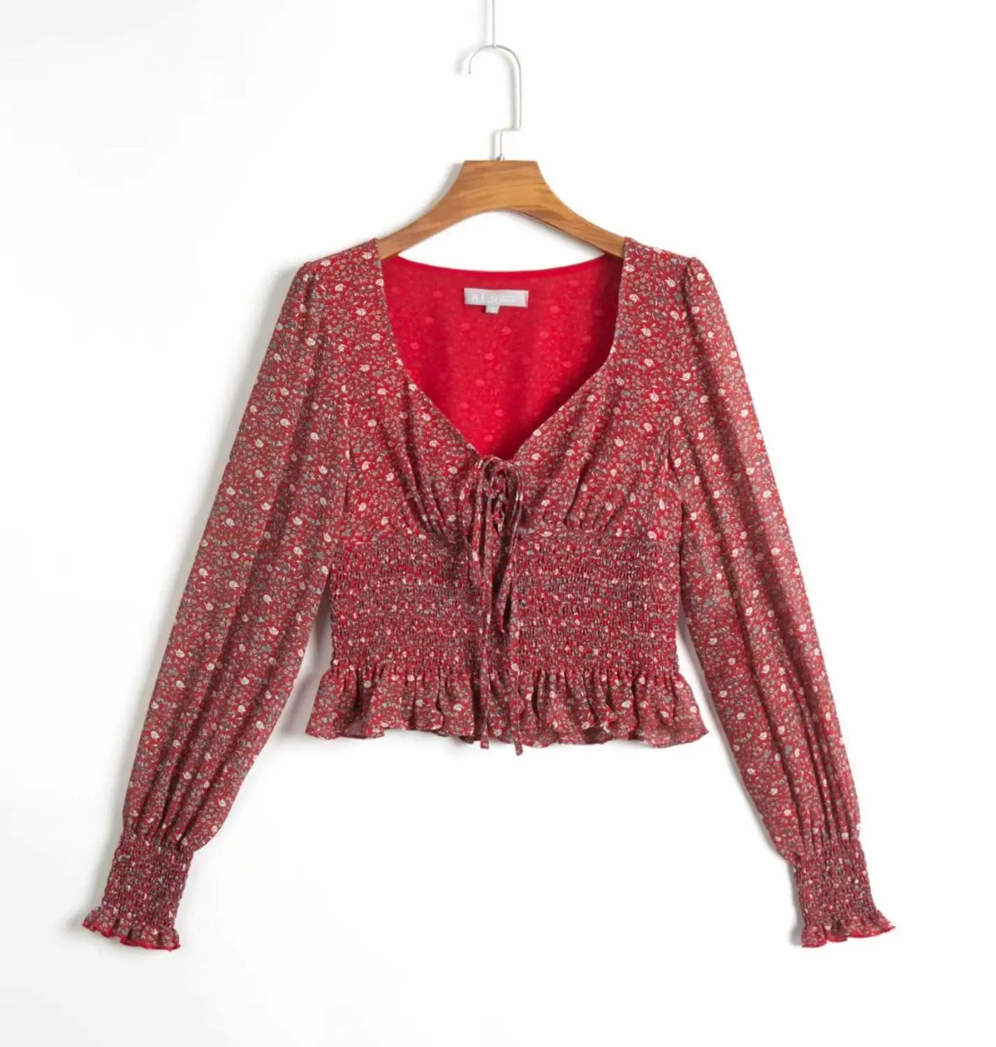 N317 red 1146 Bazaleas шикарный зеленый цветочный принт blusas mujer de moda эластичная талия оборки блузка женская мода укороченный топ дропшиппинг - Цвет: N317 red 1146