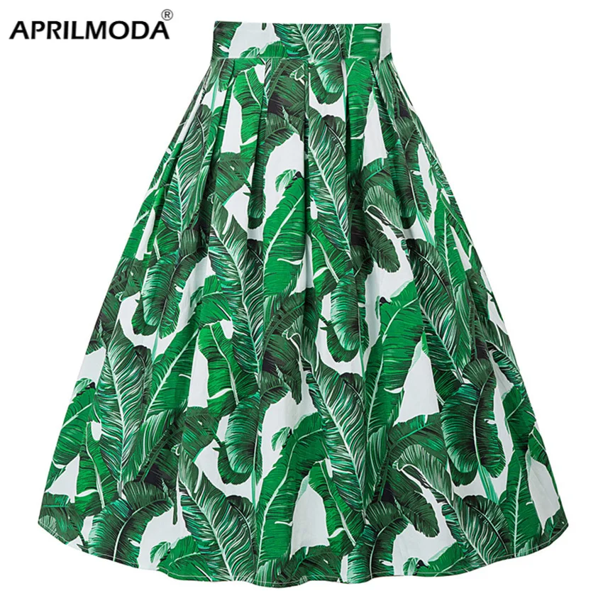 

Leaf Green Retro Floral Print Vintage Pleated Skirts Womens 2021 50s 60s 40s High Waist Plus Size Midi Cotton Summer Swing Skirt