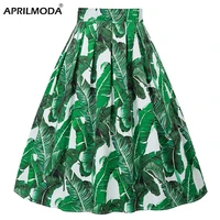 leaf green retro floral print vintage pleated skirts womens 2021 50s 60s 40s high waist plus size midi cotton summer swing skirt