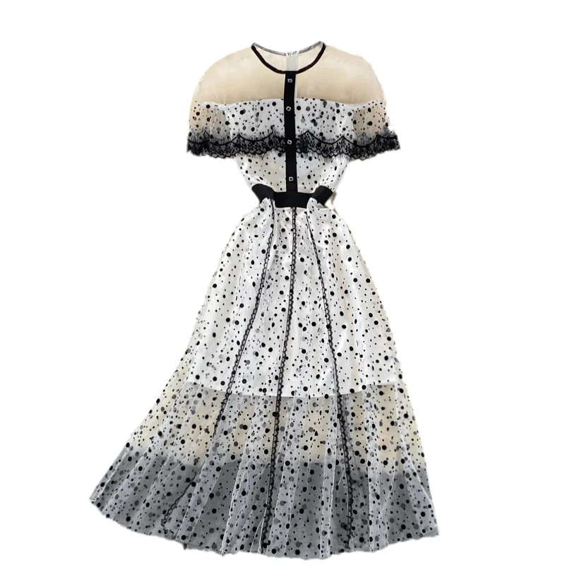 

Short-sleeve Ruffle Polka Dot Sexy Gauze Dress Female Summer 2021 New Elegant Backless Long Dress Women Waist Close Dresses