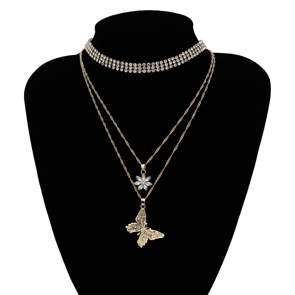 

KunJoe Multilayer Pendant Cute Butterfly Necklace for Women Crystal Flower Charm Choker Necklaces Bohemia Fashion Jewelry Gift