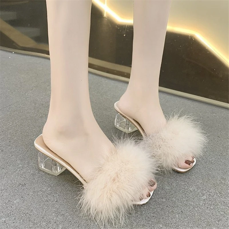 

Women's Shoes 2021 New One-word Fur Sandals Crystal Thick Heel Net Red Summer Fashion Outer Wear Half Slippers