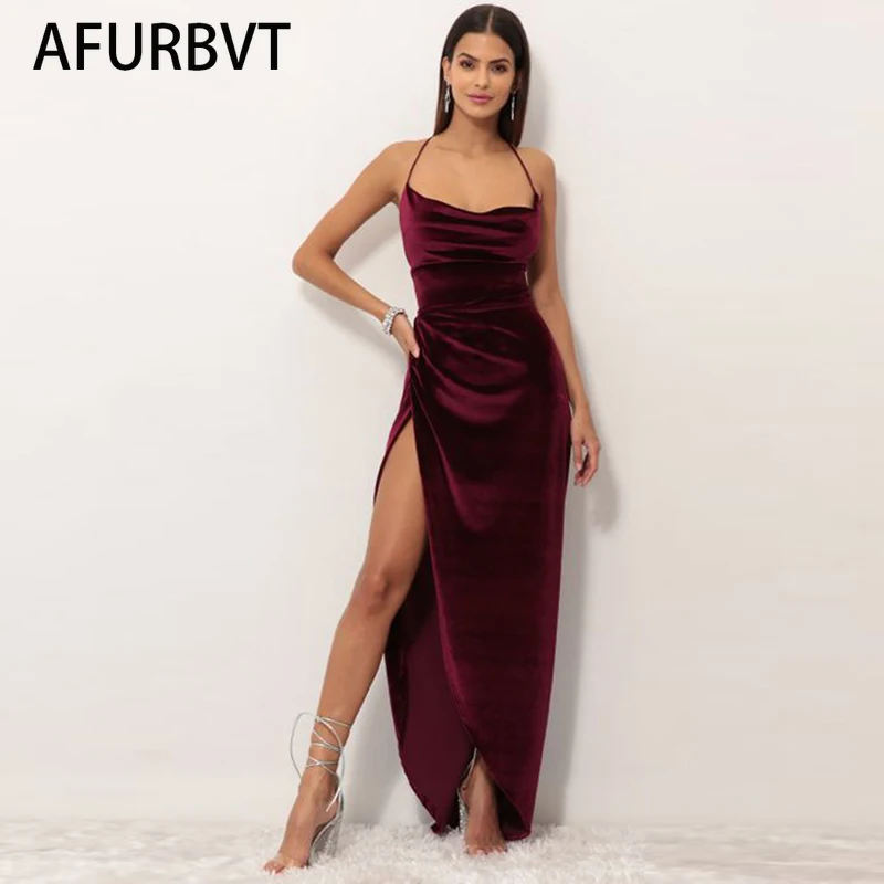 

2021 Women Vintage Burgundy Solid Sexy Backless Spaghetti Strap Dress Hem Slim Waist Slit Irregular Long Dresses Sling Vestido