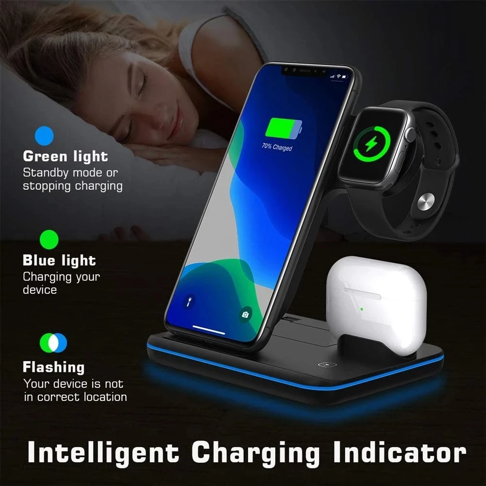 

3 in 1 Qi 15W Wireless Charger Stand Fast Charging Dock Station for Apple Watch SE 6 5 4 3 2 AirPods Pro iPhone 12 11 XS XR X 8