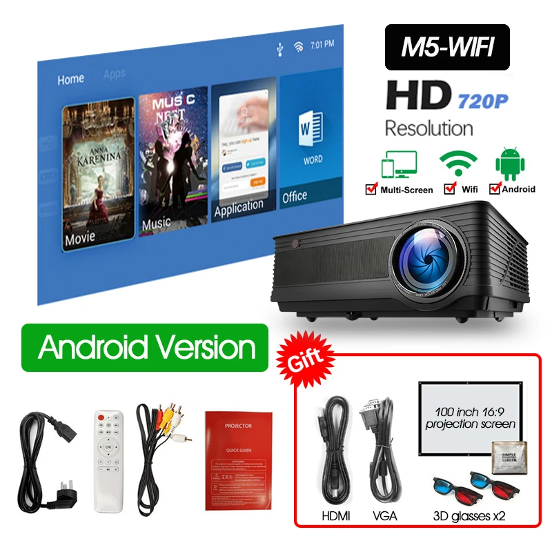 M5W ALSTON M5 M5W Full HD 1080P проектор 4K 6500 люмен кинопроектор проектор Android WiFi Bluetooth hdmi VGA AV USB с подарком - Цвет: M5W
