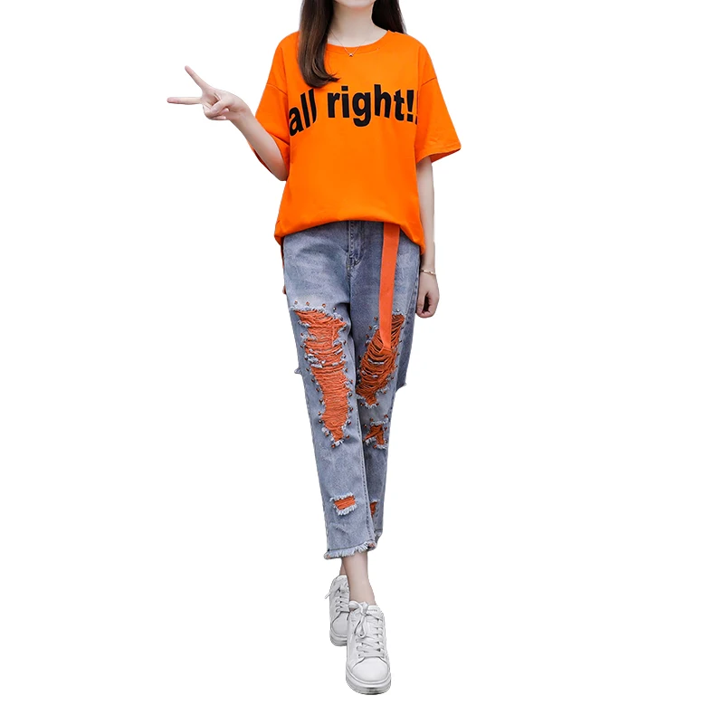 

Tracksuit For Women Large Size Summer Short Sleeve T-Shirt Letter Hole Cropped Pants Two Piece Suit Female Womens Tracksuit