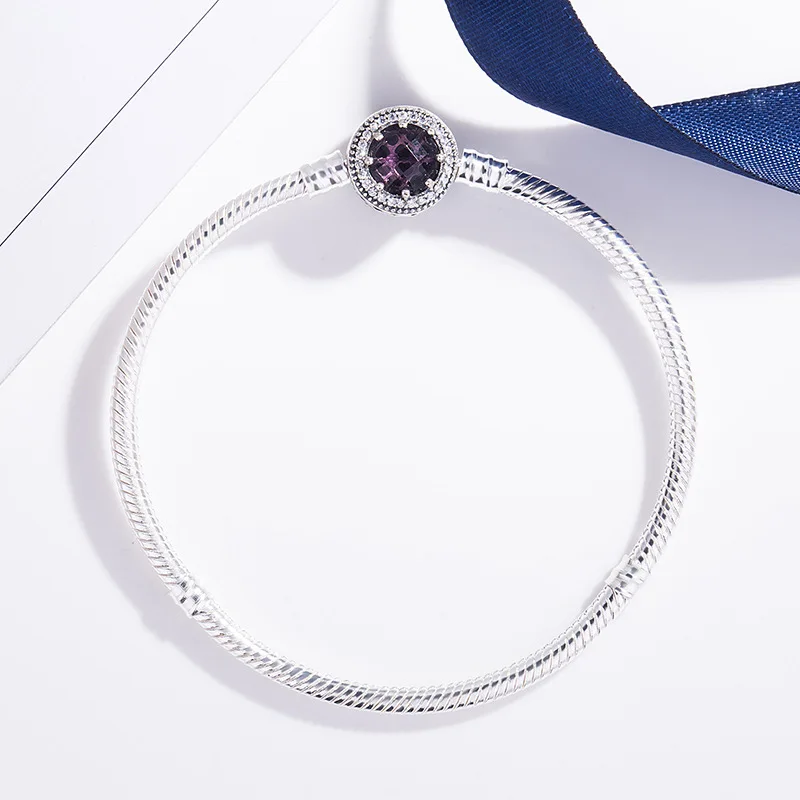 

Original 925 Sterling Silver Openwork Radiant Hearts With Purple Crystal Pan Bracelet Bangle Fit Women Bead Charm Jewelry