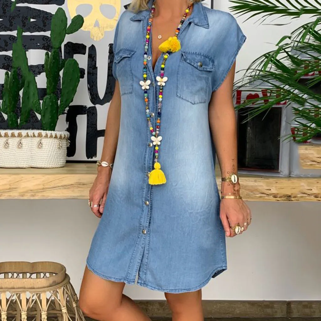 JAYCOSIN Jeans Summer Dress Women 20Short Sleeve Button Denim Sundress Turn Down Collar Mini Party Female Vestidos 20MAR2 | Женская