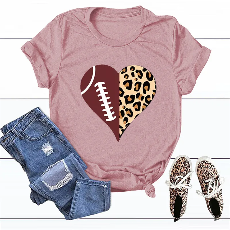 

Baseball Love Short Sleeve T-shirt Women's Casual Top Softball Leopard Love Graphic Crew Neck Shirt Loose Mother's Day