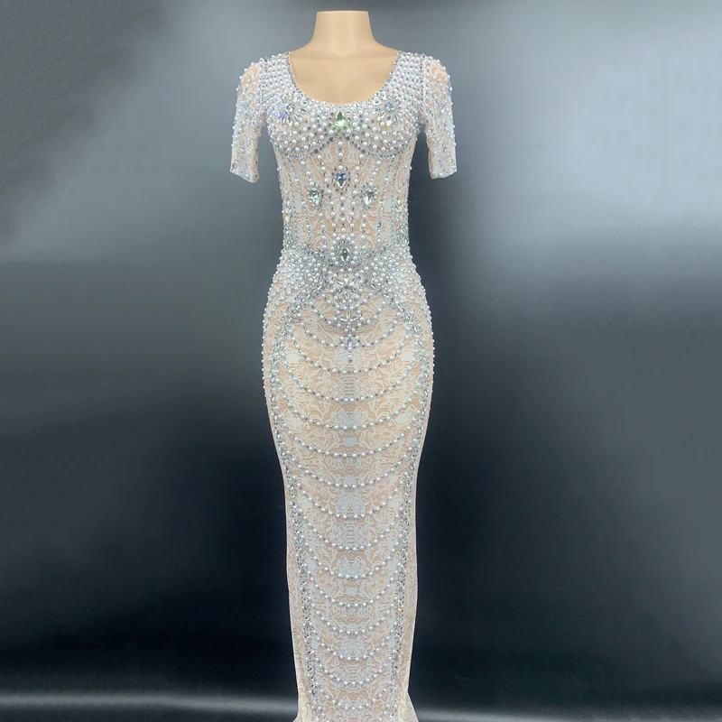 

New Short Sleeve Pearls Rhinestones Long Dress Women Prom Party Celebrate Party Dresses Sexy Transparent Evening Bodycon Dress
