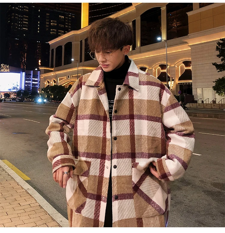 Fashion Mens woolen coat Red Khaki Loose plaid jacket Autumn Spring Winter