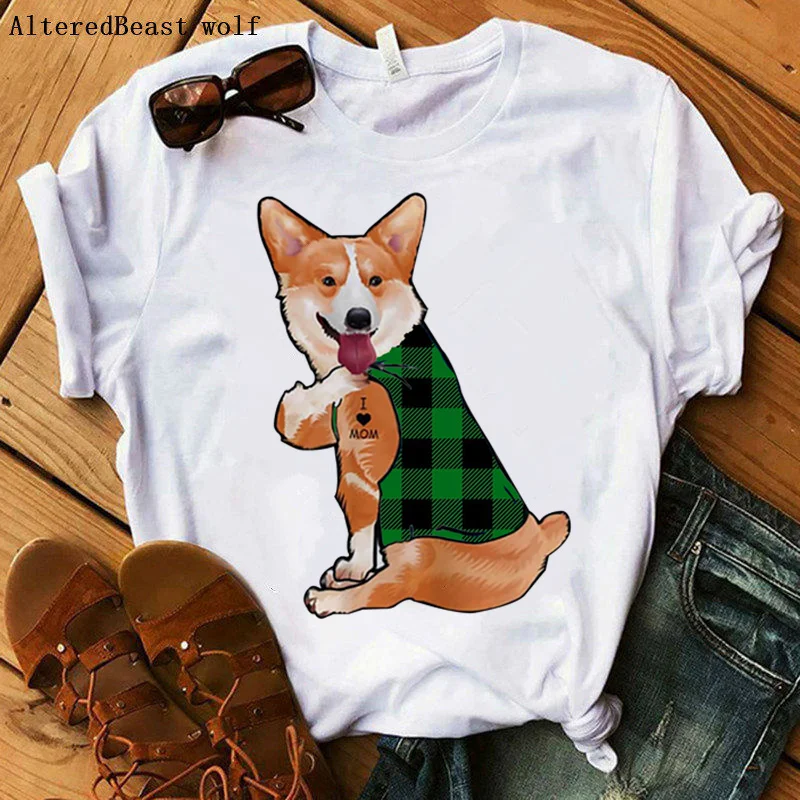 

Corgis Dog I Love Mom T-shirt Women Summer Harajuku Plaid Mama Cartoon T Shirt Female 2021 short sleeve Tshirt Clothes