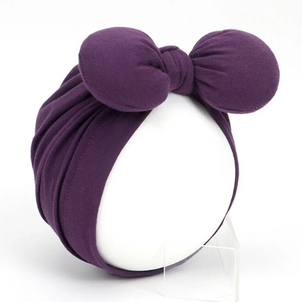Purple Newborn Toddler Baby Girls Turban Soft Silk Beanie Big Bow Hat Cap Wrap Headwear Headband Hats Accessories Candy Color Cute - Color: Purple