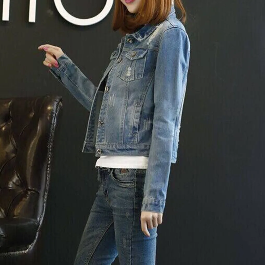 Женская модная Повседневная джинсовая куртка на пуговицах с отворотом винтажные
