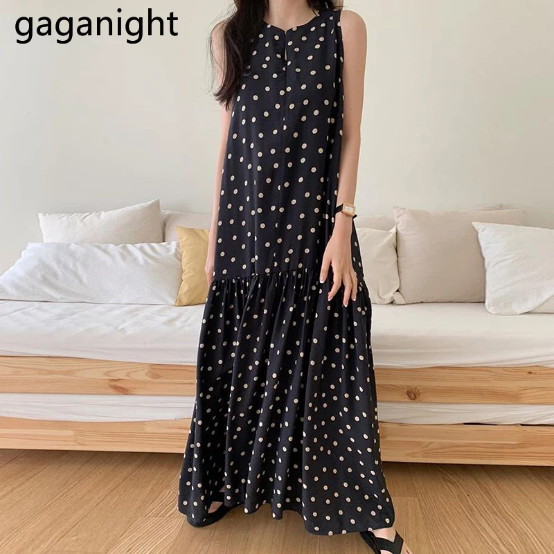 Gaganight винтажное женское длинное платье в горошек летнее тонкое шикарное