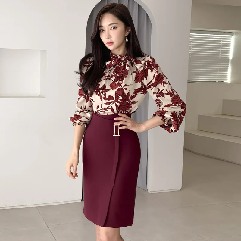 

2021 Spring Women Suits Print Long Lantern Sleeve Shirt Slim Fit Hip Mini Skirt Two Piece Set