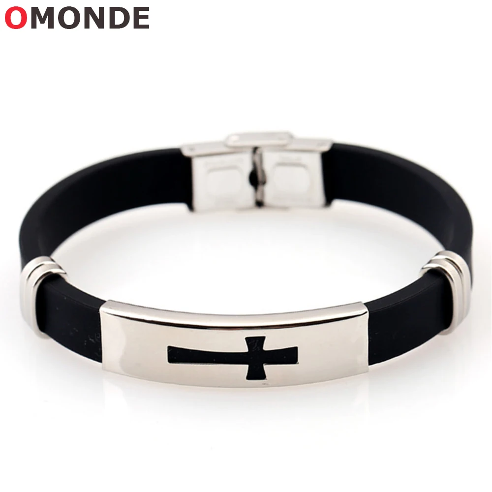 

Stainless Steel Black Silicone Jesus Cross Bracelets Religious God Blessing Christian Crucifix Lucky Jewelry for Men Women