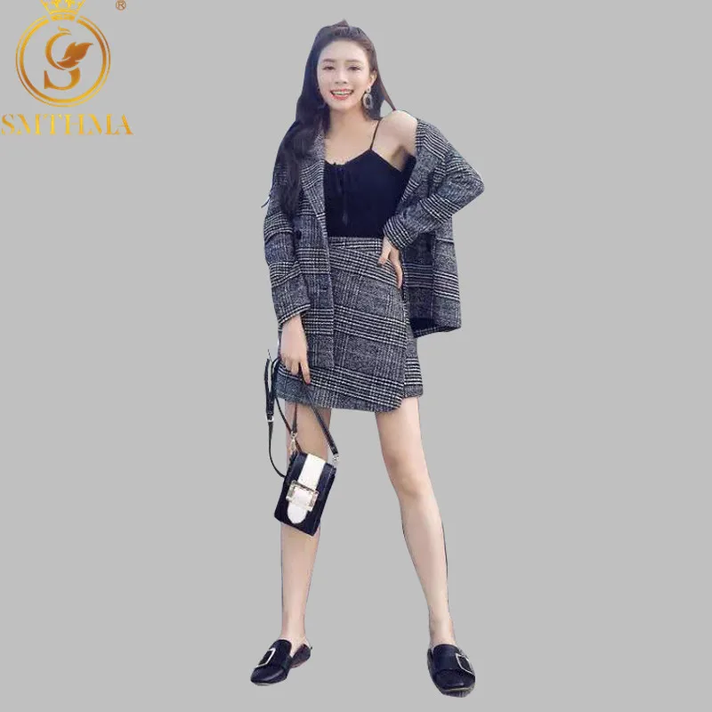 

SMTHMA New Winter Runway Fashion Women Business Plaid Tweed Jacket Coat Suits +2 Piece Women Skirt Suit