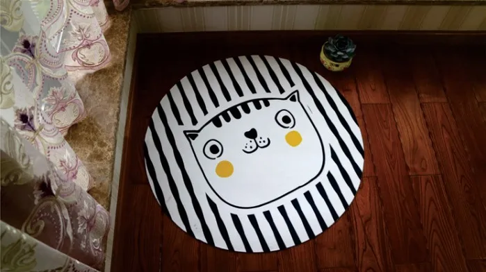 

Creative black and white striped cartoon cat pattern non-slip round rug floor mat bedroom living room home decoration