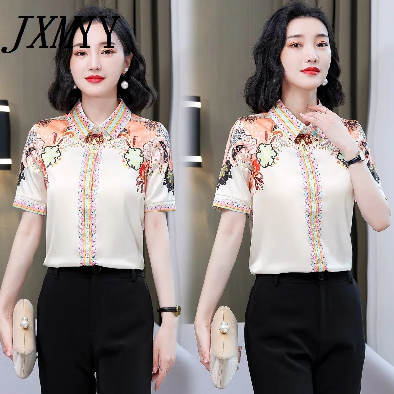 

JXMYY Satin Silk Shirt Female Design Sense Niche Summer 2021 Fashion New Print Elegant Temperament Thin Blouse