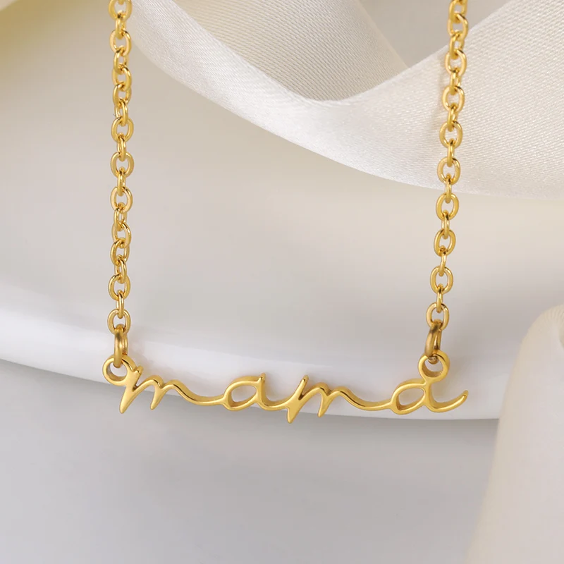 

Handwritten mama Pendant Necklaces For Women Gold Stainless Steel Letter Choker Chain Mother's Day Jewelry The Best Gift for Mom