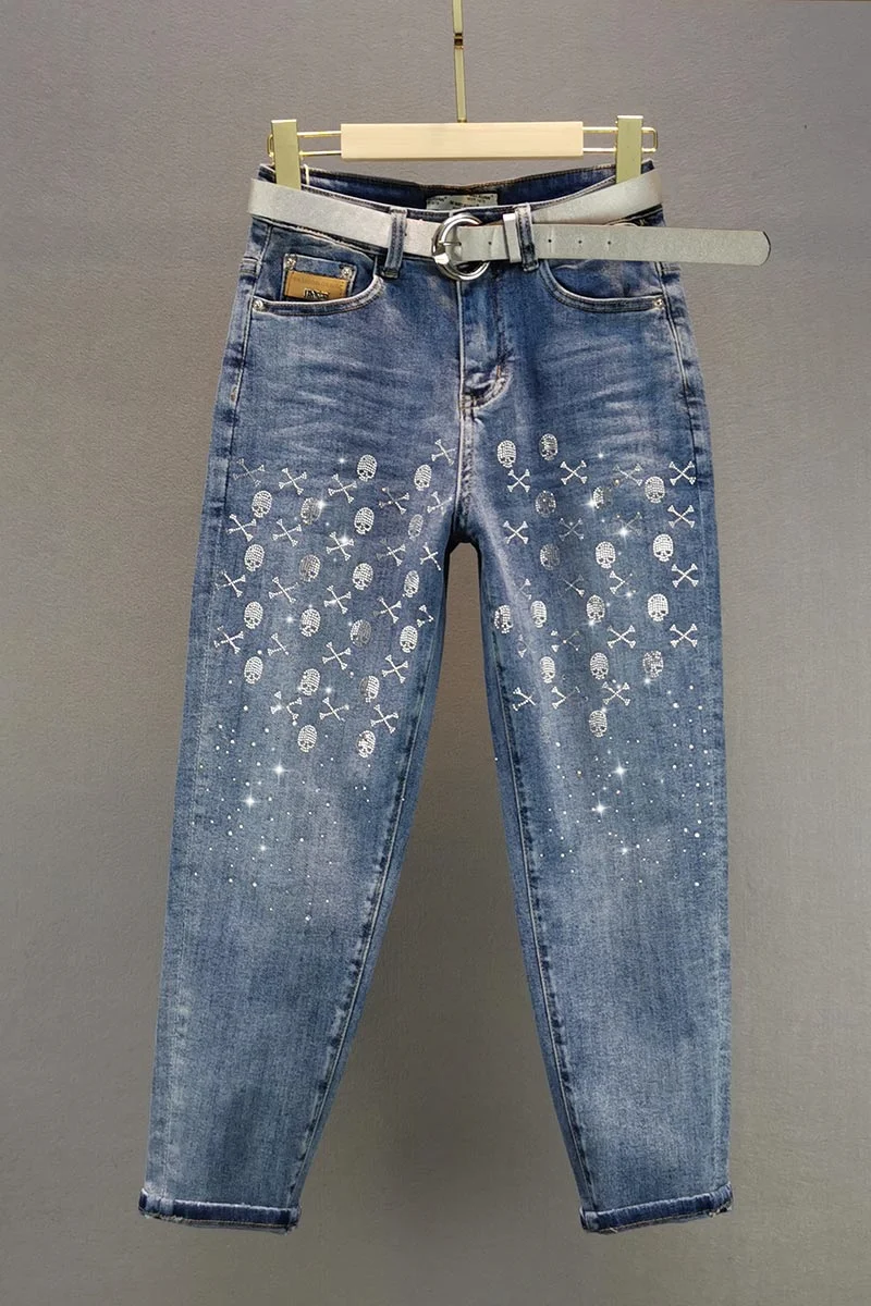 

2021 New Spring Fashion Cotton Elastic Hot Drilling Harem Jeans High Waist Slim Baggy Pants European Denim Pants