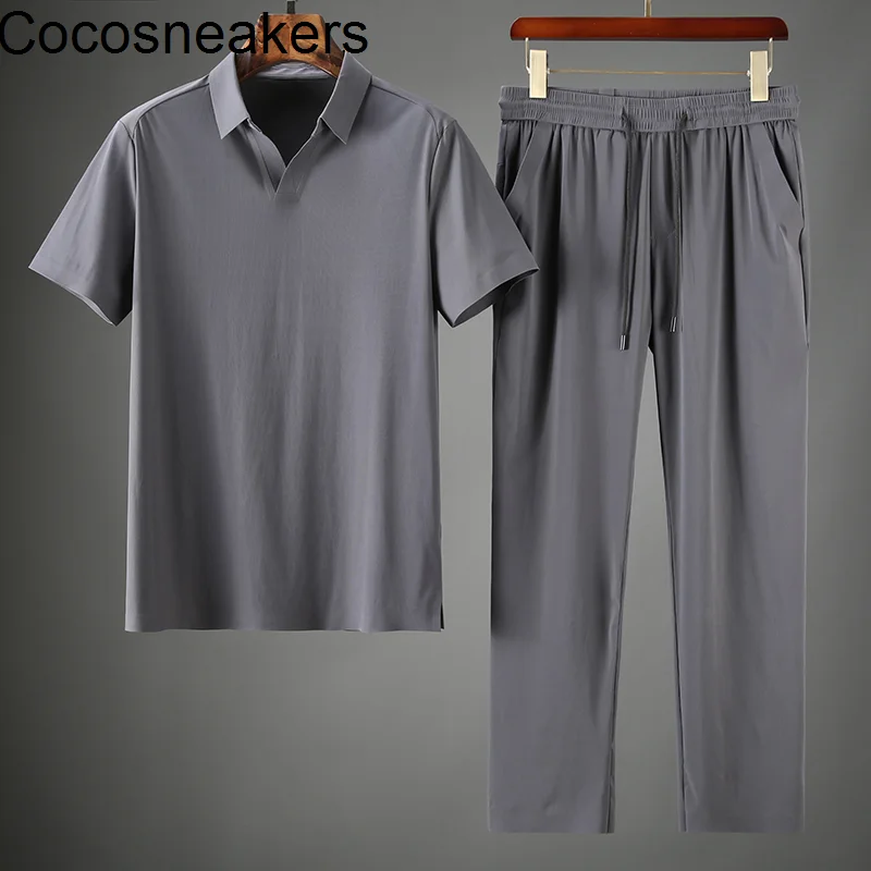 

New 2021 high-end seamless rubber pressing Lapel two-piece set men's summer silky ultra-thin ice leisure sports suit
