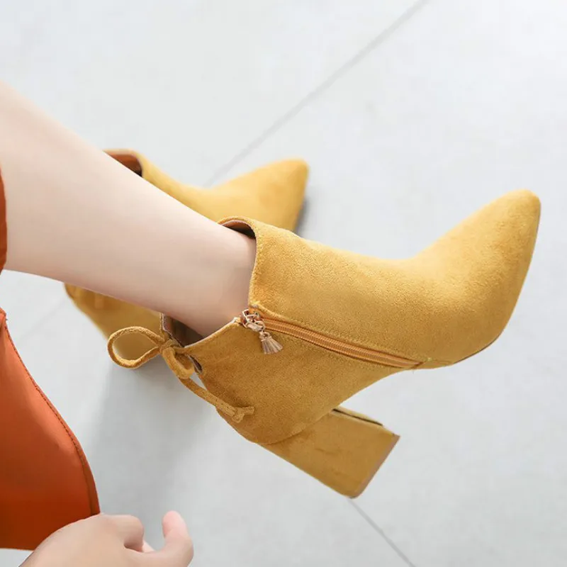 Autumn And Winter New Martin Boots Ankle Zipper Pointed Toe Square Heel Flock High (5cm-8cm) Women Shoes Solid Plush Breathable