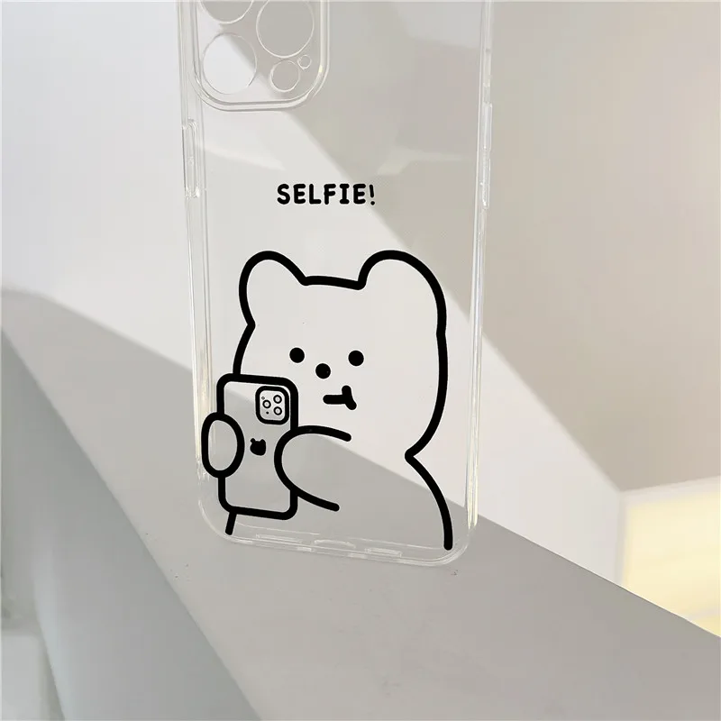 

Cute Cartoon selfie Bear Phone Case For iPhone 11 Pro Max X XR XS Max 12 Mini 7 8 Plus SE 2020 Clear Soft TPU Silicon Shell