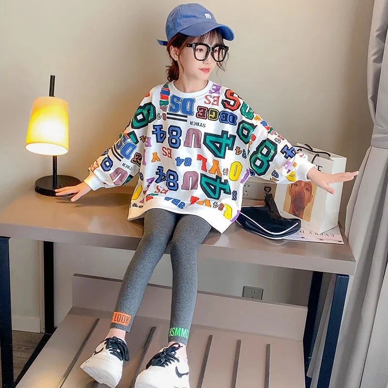 

2021 4 to13 Years Children Sweater Teens Kids Fashion Casual Big Girls Letter Hoodie + Leggings Two-Piece Set Autumn Clothing