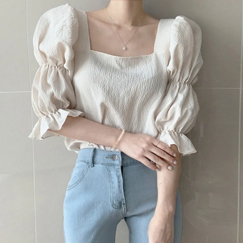 Summer Women French Blouses Slimming Square Collar Exposed Clavicle Puff Sleeve Chiffon Shirt