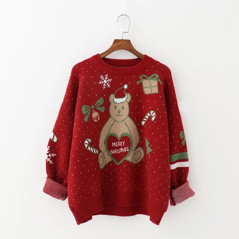 Осенне-зимний женский красный Рождественский свитер с круглым вырезом и